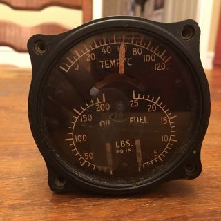 Vintage Thomas Edison Aircraft Temperature Oil And Fuel Pressure Gauge