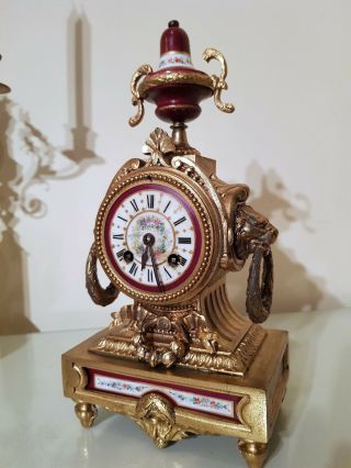 Antique French Gilt Mantel Clock With Sevres Porcelain Panel.