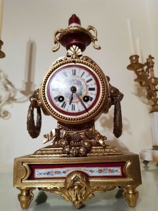 Antique French Gilt Mantel Clock with Sevres Porcelain Panel. 3