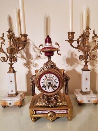Antique French Gilt Mantel Clock with Sevres Porcelain Panel. 4