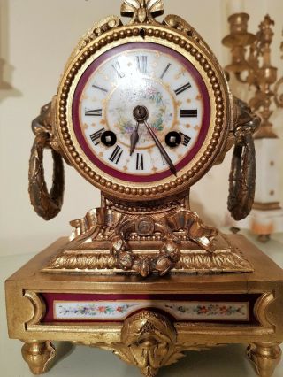 Antique French Gilt Mantel Clock with Sevres Porcelain Panel. 6