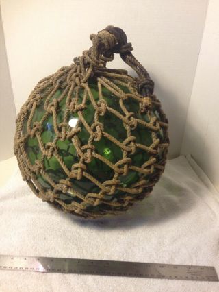Antique Japanese Glass Fishing Float Buoy Ball Roped Net rare.  12 