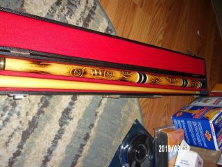 Vintage Hand Carved Pool Cue Stick With Hieroglyphics Symbols.  57.  5 " W/hard Case