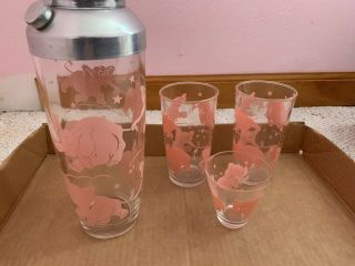 Vintage Hazel Atlas Pink Elephant Cocktail Shaker Plus 3 Glasses 4 Piece Set