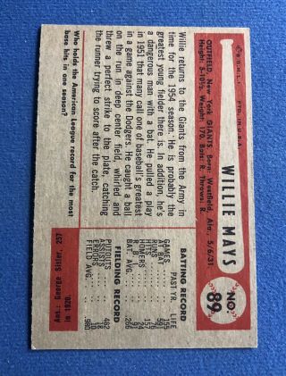 1954 Bowman 89 Vintage Baseball Card,  Willie Mays,  Giants HOFer 2