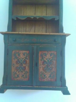 Miniature Green Painted Hutch/Dresser with Rosemaling Handmade By Cindy Maloy. 5