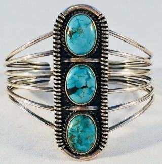 Vintage Navajo Sterling Silver Turquoise 3 Stone Cuff Bracelet