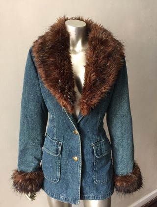 Vegan Faux Fox Fur Collar Cuffs Vintage Retro Denim Insulated Jacket Coat Size M