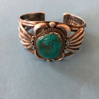 Vintage Sterling Silver Turquoise Navajo Cuff Bracelet Signed J.  A