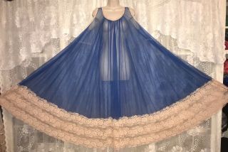 Vtg Rare One Size Sapphire Blue Full Sheer Chiffon Nightgown Negligee Gown
