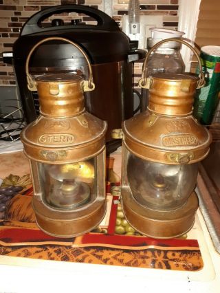 Two Antique Train Tung Woo Lanterns Copper Stern And Masterhead Made In Hong Kon