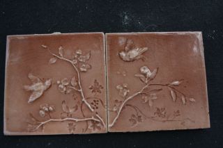 Antique Figural Majolica Fireplace 2 Tiles 19th C Pair Bird Branches Leaf Trent