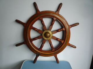 Vintage 30 " Wooden 8 Spoke Ship Steering Wheel With Brass Centre And Rim Straps