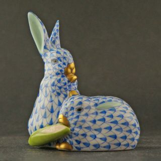 Vintage Herend Blue Fishnet Bunnies Eating Corn,  5325 Porcelain Figurine,  Nr