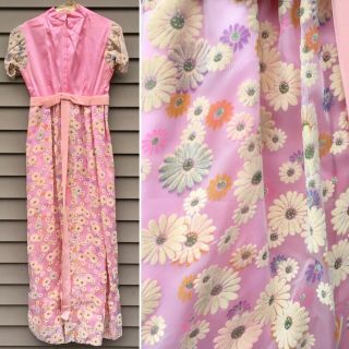 Vintage Pink Flock Daisy Swiss Dot Floral Fabric Maxi Dress