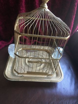 Antique Vintage - Rectangular Metal Bird Cage With 2 Glass Feeders Feeders