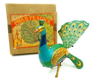 Vintage Alps Occupied Japan Tin Litho Wind Up Proud Peacock Toy Orig Box