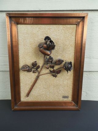 Vintage Hand Forged Copper Rose Framed In Copper Frame Signed 17 " X 13 "