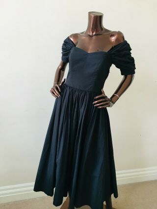 Laura Ashley Vintage Dress Cotton Boned Corset Black Sweetheart Full Skirt S