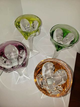 Moser Bristol Crystal Cut Art Glass Multi Color Wine Bohemian Hock Vintage Set 4