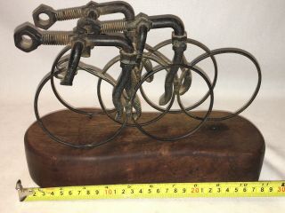 Vintage Modernist Scrap Metal Art Bicycle Race Sculpture Walnut Base Mid Ce