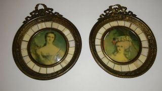 2 Antique Signed Miniature Portrait Hand Painting - Bone Frame - French?