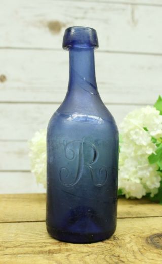 Antique Cobalt Blue Iron Pontil Taper Top W.  Riddle Philadelphia Bottle C.  1850
