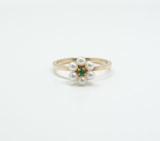 Fine Vintage 14k Yellow Gold Natural Emerald Pearl Flower Ring