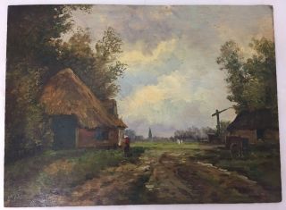 Lovely Antique Oil On Board Painting Country Thatch Cottage Farm Signed Judah ?
