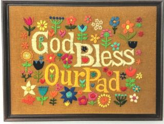 God Bless Our Pad Vtg Crewel Embroidery Handmade Art Finished Framed Mod Retro