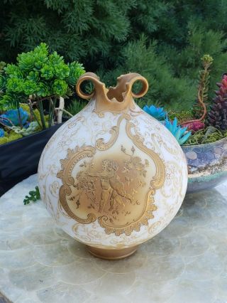 1800s Mount Washington Crown Milano Gold Gilded Globular Vase w/ Angel Cherubs 12