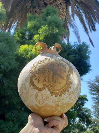 1800s Mount Washington Crown Milano Gold Gilded Globular Vase w/ Angel Cherubs 9