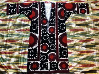 Antique Uzbek Vintage Handmade Embroidery Suzani Robe Dress Chapan Jacket Caftan