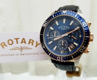 100 Rotary Mens Watch Chronograph Blue & Rose Gold Rrp £230 Boxed (r69
