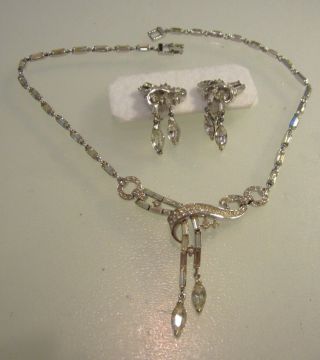 Trifari Vintage Early Crown Signed Rhinestone Necklace And Earrings Parure