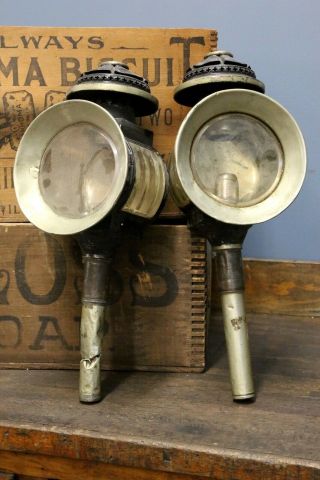 Two Antique Horse Coach Lanterns Bevelled Glass Carriage Light Lamps Auto brass 2