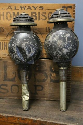 Two Antique Horse Coach Lanterns Bevelled Glass Carriage Light Lamps Auto brass 9
