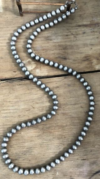 Extra Long Vintage Navajo Sterling Silver Bench Bead Necklace