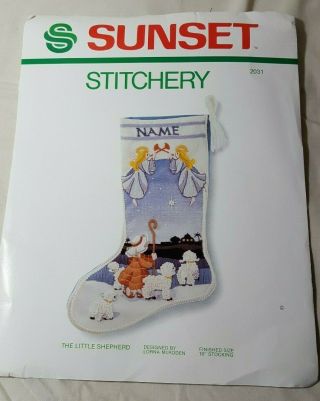Vtg 1983 Sunset Stitchery Crewel 18 " Xmas Stocking Kit The Little Shepherd 2031