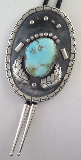 Huge Old Pawn Vintage Sterling Silver And Turquoise Ornate Bolo Tie