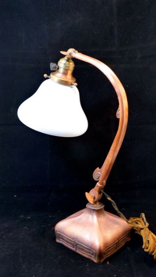 Antique Copper Desk Lamp,  1910s.  Art Nouveau,  HANDEL.  German Shade,  Heavy 6