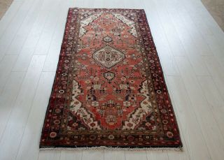 3x6ft Handmade Semi Antique Tribal Area Rug,  Hand - Knotted Red Floral Wool Carpet