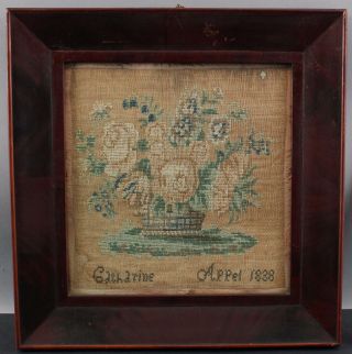 1838 Antique 19thC Folk Art Flower Vase Embroidery Sampler by Catharine 2