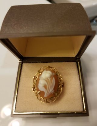 Vintage 14k Gold Filigree Floral Shell Cameo Ring - Size 6.  5