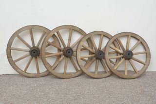 Set Of 4 Vintage Old Wooden Cart Carriage Wagon Wheels Wheel - 46 Cm / 41 Cm