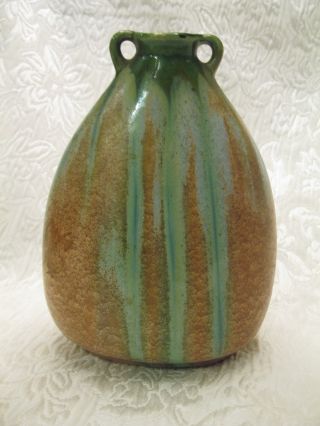 Vintage Belgium Ceramic Green And Brown Drip Glaze Art Vase 8 "