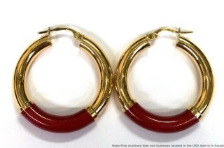 18k Yellow Gold Colorful Red Enamel Vintage Hoop Earrings Italian Hallmarks
