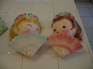 Adorable Vintage Lefton Miss Dainty Little Girl Wall Pockets With Fan