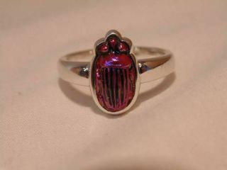 ca: 1910 ANTIQUE LC TIFFANY RARE RED FAVRILE ART GLASS SCARAB STERLING RING 3