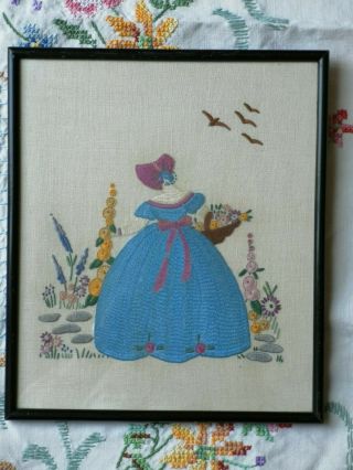 30s Vintage Embroidered Crinoline Lady Garden Floral Picture Framed